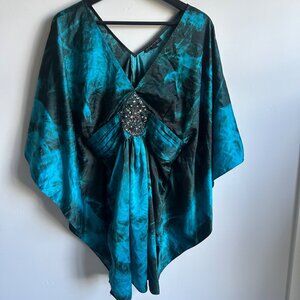 Y2K Rampage Satin Blouse Sz M Blue Dark Fairy Babydoll Jewels Elastic Smocked